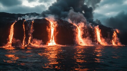 Multiple streams of lava fall into the ocean, creating dramatic steam plumes that rise high, showcasing the ferocity and breathtaking beauty of volcanic activity.