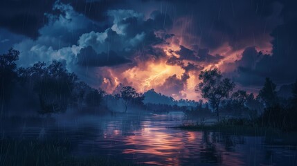 Fototapeta premium The ambient sounds of a distant thunderstorm, with its rolling rumbles and occasional flashes of lightning, created a dramatic and awe-inspiring backdrop.