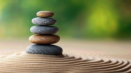 A tranquil stack of smooth stones resting on raked sand, symbolizing balance and harmony in nature.