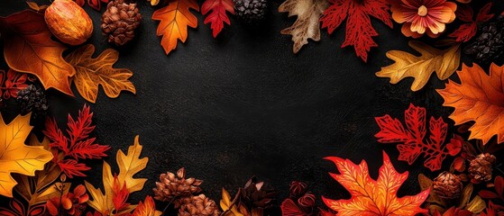 Colorful autumn leaves and natural elements frame a dark background, perfect for seasonal themes and creative projects.