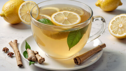 A refreshing cup of lemon ginger tea with fresh ingredients on a light background. Perfect for health, wellness, and natural remedy concepts