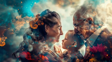 A woman and a baby are hugging a man