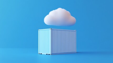 Creative concept of cloud storage illustrated by a cargo container with a cloud hovering above against a blue background.