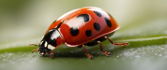 Fototapeta premium A Red Ladybug Crawling on a Green Leaf