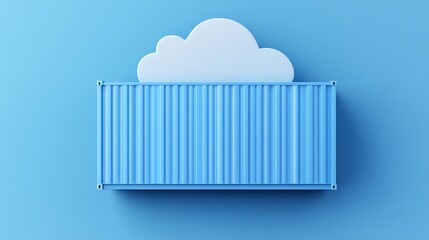 Creative representation of cloud computing with a container and cloud icon on a blue background. Concept of data storage and technology.