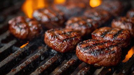 Juicy, grilled meat patties on a barbecue, sizzling with visible grill marks and flames in the background, emphasizing the savory and smoky flavor.