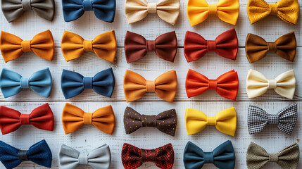 Rows of colorful bow ties arranged neatly on a white wooden surface, showcasing a variety of patterns and shades in an orderly fashion.
