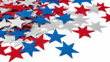 Obraz premium Festive red, blue, and silver star confetti with ribbons on a white background. The celebratory theme is perfect for holidays, parties, and special occasions