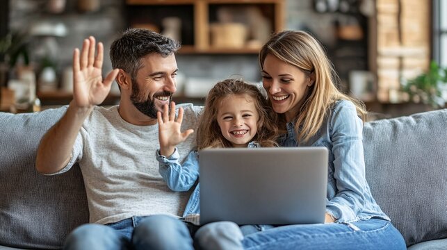 A family sitting on a cozy living room couch, smiling and waving at a laptop screen, enjoying a video call with loved ones across the globe Stock Photo with copy space
