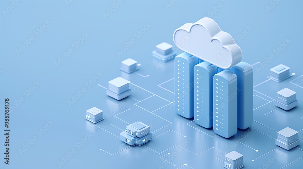 Poster digital cloud computing and data storage concept. blue background with cloud server and network symb