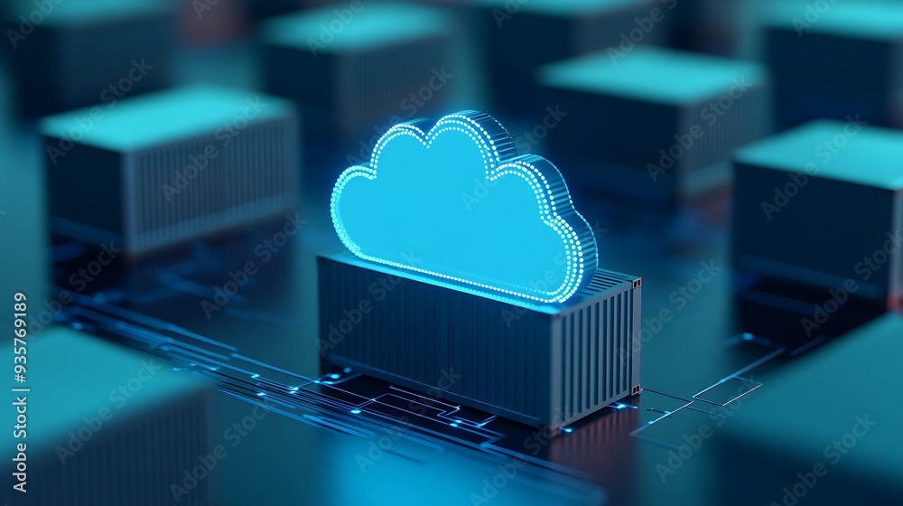 Poster digital cloud computing and data storage concept with a blue glowing cloud icon on a data server bac