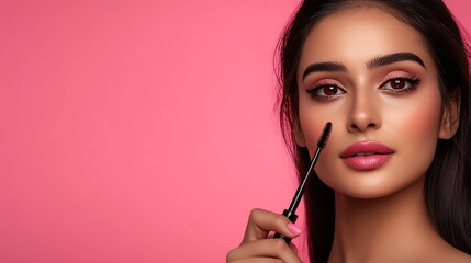 Fototapeta premium Close-up portrait of a beautiful young woman applying mascara with a pink background.