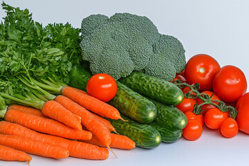 A vibrant display of various fresh  mixed vegetables arranged creatively to mimic a flag design. Cucumbers, tomatoes, broccoli, and carrots create an eye-catching composition.