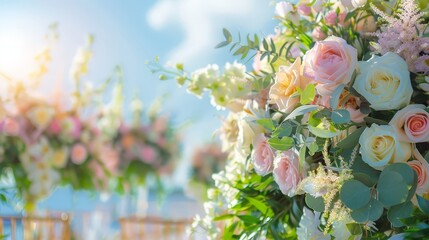 Think of a summer wedding, with a beautiful outdoor ceremony surrounded by flowers and greenery.