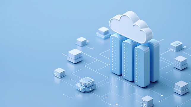 Digital cloud computing and data storage concept. Blue background with cloud server and network symbols. Technology and innovation.