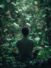 A man sits in a forest with money raining down on him