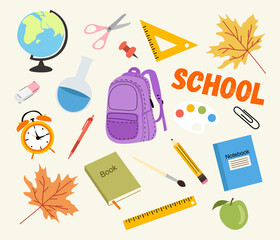 Illustration of school things on a light yellow background.
