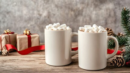 Two red mugs filled with steaming hot chocolate and topped with fluffy marshmallows are set on a wooden table surrounded by festive pine branches and gifts, evoking holiday warmth