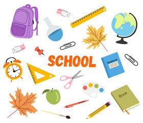 Illustration of school things on a white background.