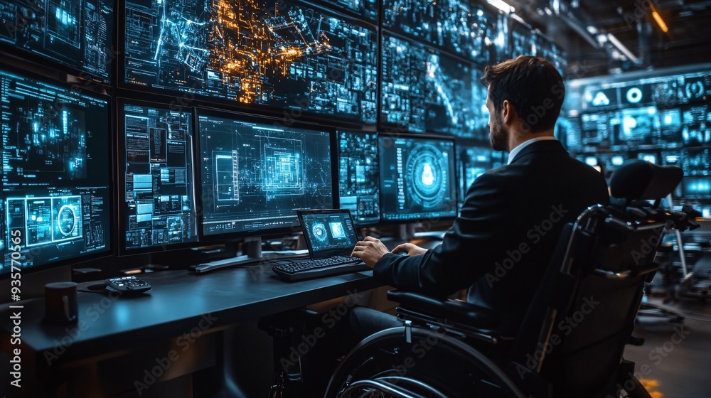 Poster A man in a wheelchair using a smart home device to control his environment, highlighting how technology enhances independence and accessibility Stock Photo with copy space