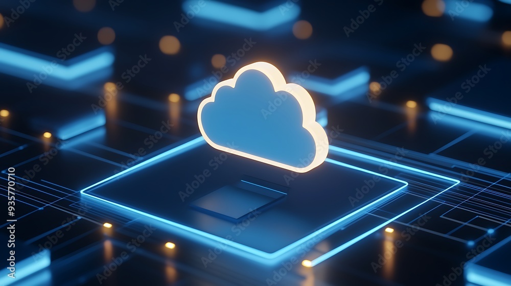 Poster digital cloud computing network, futuristic server and data storage concept with glowing cloud icon 