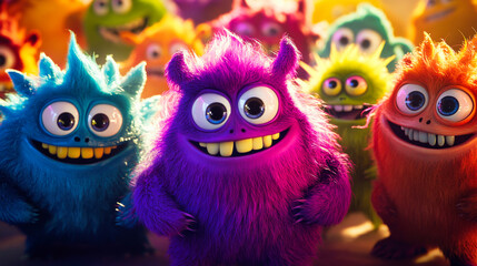 Obraz premium Cute little colorful fluffy monsters