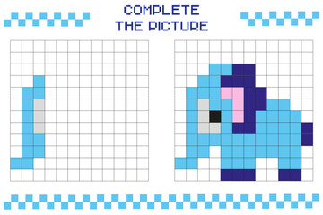 Complete the picture, complete the image of the grid. Coloring pages of cell areas. Children's games. Elephant. Educational cards for children. Pixel art. Mosaic for children