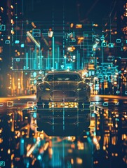 A car is shown in a city with a lot of lights and reflections