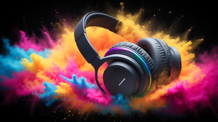 A pair of headphones and a colorful powder explosion against a dark background