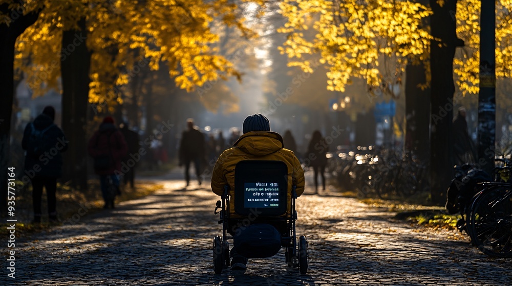 Poster A person with a speech impairment using a communication device to express themselves in a social setting, highlighting the empowering role of assistive technology Stock Photo with copy space