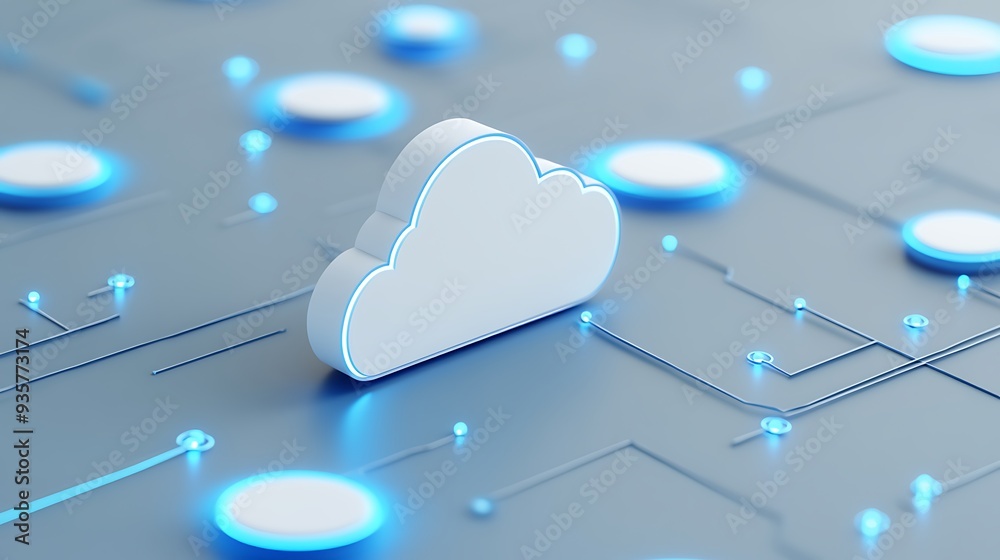 Poster digital cloud storage technology image showing a floating white cloud with a futuristic network back