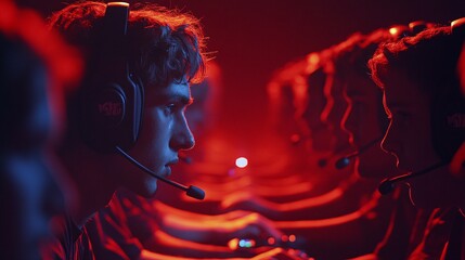 A group of gamers from different countries, all wearing headsets and playing together online, emphasizing the global connectivity through gaming technology Stock Photo with copy space
