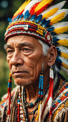Obraz premium An old Native American man with a headdress