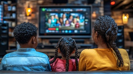 A family gathered around a large screen TV, participating in a virtual family reunion with relatives from different parts of the world Stock Photo with copy space