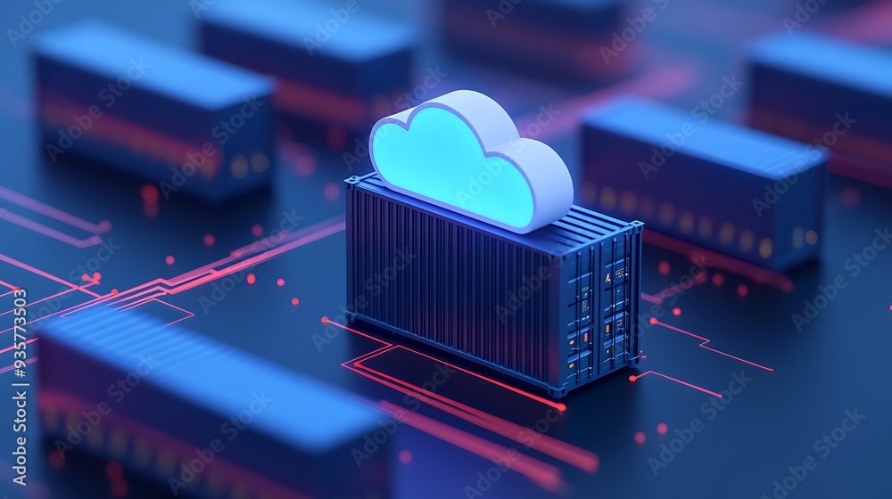 Poster digital cloud technology and server units representing cloud computing and data storage solutions in
