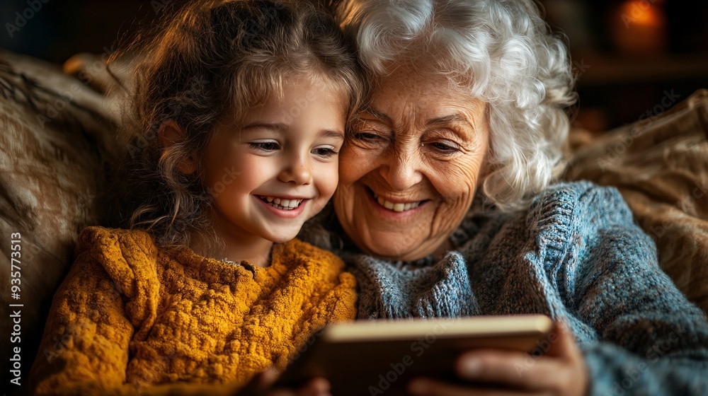 Poster A child using a tablet to video chat with a grandparent, smiling brightly and sharing stories, bridging the generational gap with technology Stock Photo with copy space