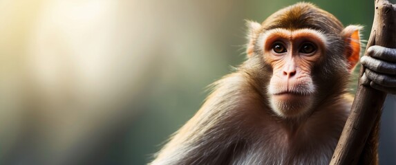 Close-up portrait of a rhesus macaque holding a branch