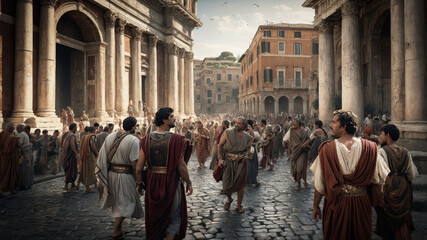 Naklejka premium Ancient Rome street scene with people walking