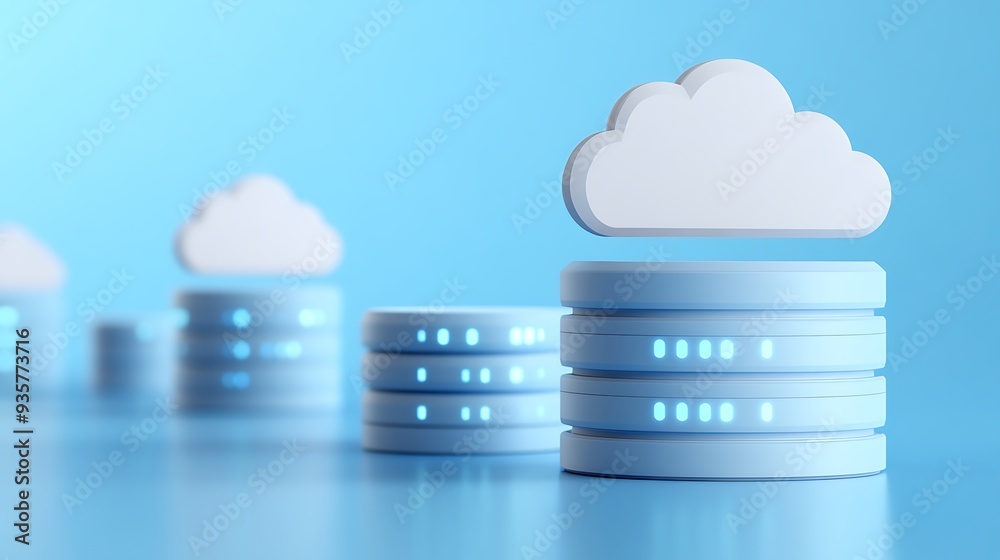 Poster digital cloud technology concept with data storage servers, representing cloud computing and secure 
