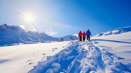 A joyful family walks through fresh snow, surrounded by breathtaking mountain views. The bright sun shines down, creating a perfect winter day for skiing fun