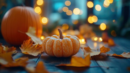 Mini Pumpkins And Leaves On Wooden Table With Bokeh Lights - Autumn And Thanksgiving Decoration with generative ai