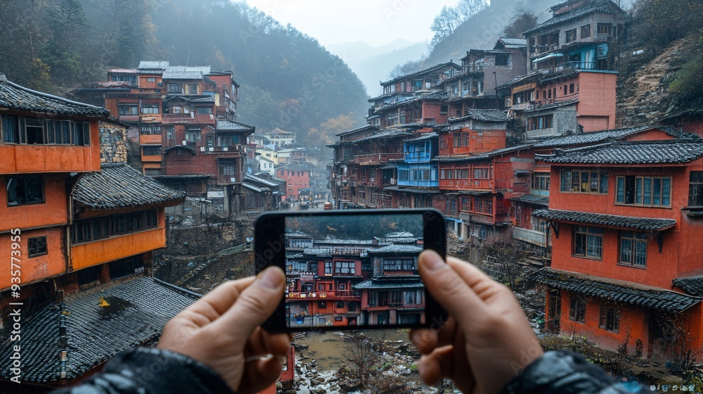Poster a person in a remote village using a smartphone to connect with the world, showing how technology re