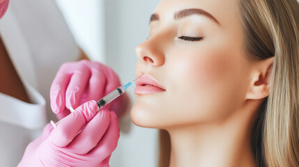 Beautician injecting hyaluronic acid into lips of woman