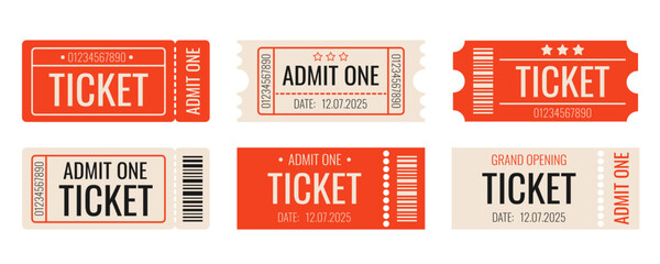 Ticket set, old style. Admit one tickets with bar code. Vintage, retro ticket concert and festival event, movie theater coupon. Vector paper and digital samples icon.