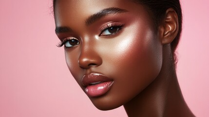 Fototapeta premium A woman displays radiant skin and stylish makeup, showcasing confidence and beauty in a vibrant pink setting.