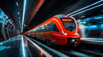 Fototapeta premium Red Train Speeding Through a Tunnel with Blue Lights