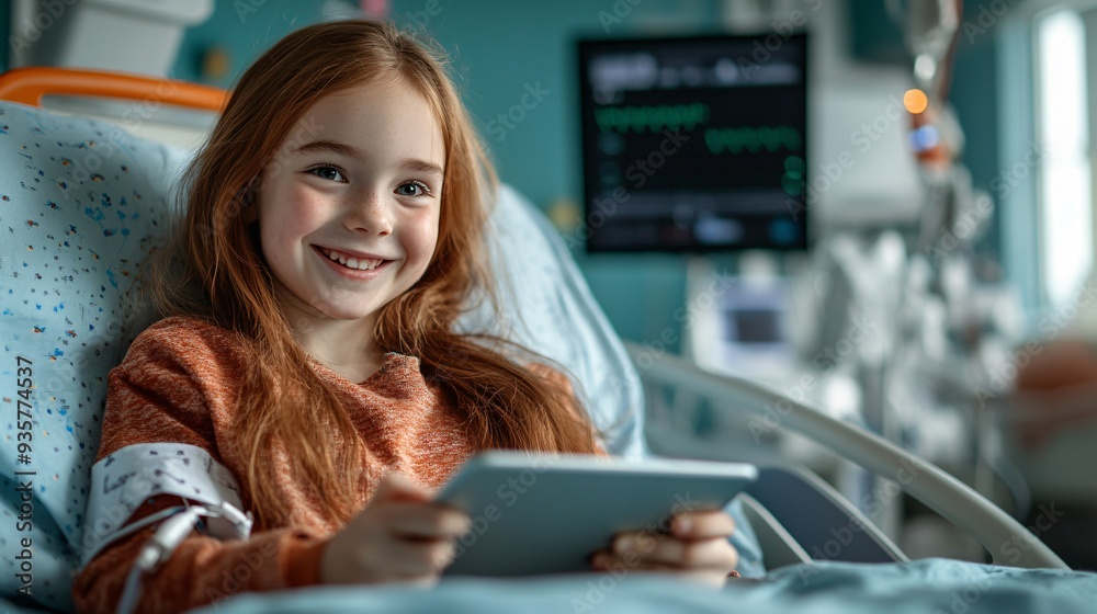 Poster a child in a hospital bed, holding a tablet and talking to classmates via video call, showing how te