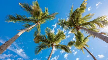 Fototapeta premium all palm trees swaying under a bright blue sky, embodying the essence of a tropical paradise in full sunlight