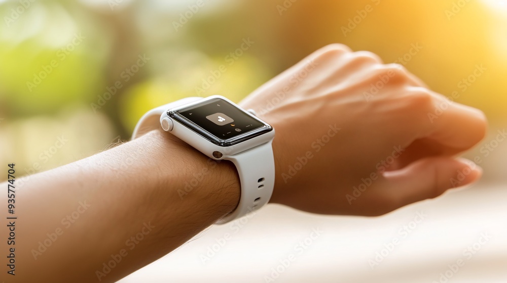 Aufkleber A person using a smart watch to send a voice message, emphasizing the ease and convenience of modern communication tools Stock Photo with copy space