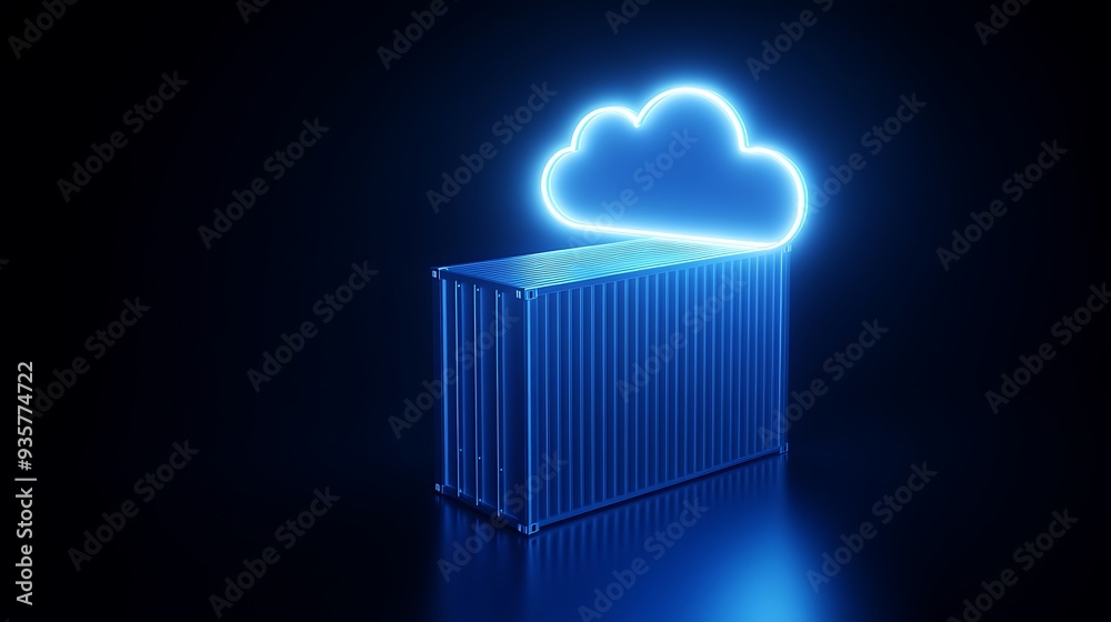 Poster digital concept of cloud computing with a glowing cloud over a shipping container. futuristic techno